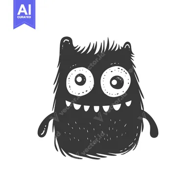 Aset desain premium: Black and White Furry Cartoon Monster with Big Eyes and Teeth