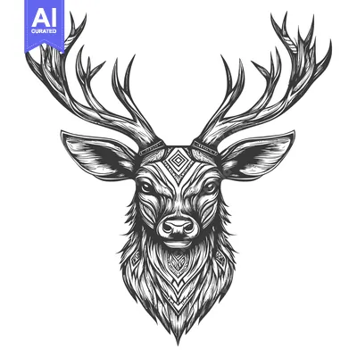 Aset desain premium: Black and White Graphic Illustration of a Deer Head with Geometric Pat