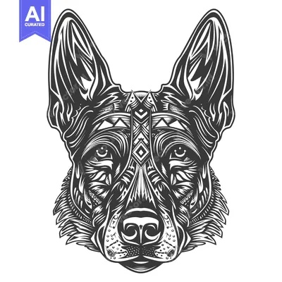 Black and white graphic illustration of a German Shepherd dog's head