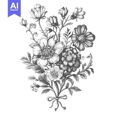 Aset desain premium: Black and White Hand-Drawn Bouquet of Flowers with a Bow