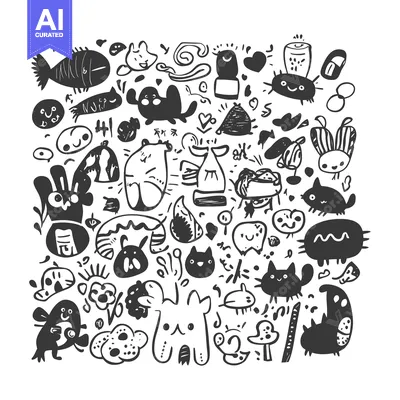 Aset premium populer: Black and White Hand-Drawn Doodle Characters and Objects