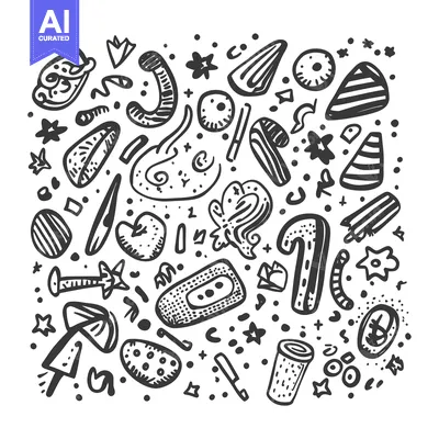 Aset premium populer: Black and White Hand-Drawn Doodle Pattern with Stars, Shapes, and Obje
