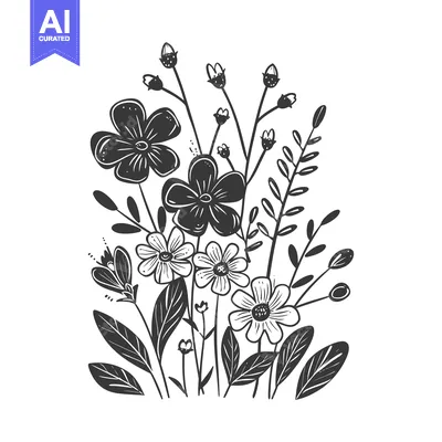 Popular premium asset: Black and White Hand-Drawn Floral Bouquet with Buds and Leaves