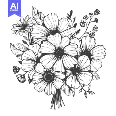 Premium design asset: Black and White Hand-Drawn Floral Bouquet with Detailed Petals and Lea