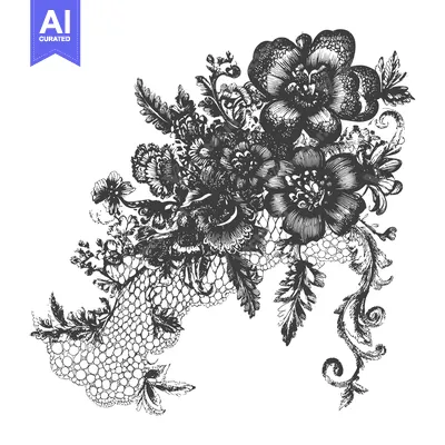Premium design asset: Black and White Hand-Drawn Floral Illustration with Lace