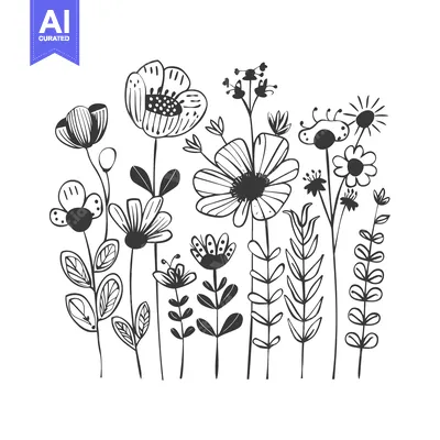 Aset premium populer: Black and White Hand Drawn Floral Illustration with Various Flower Sha