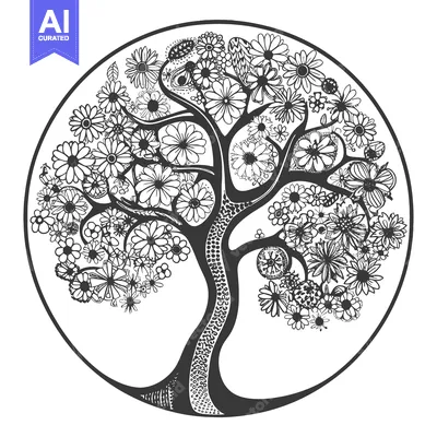 Premium design asset: Black and White Hand Drawn Floral Tree Inside a Circle
