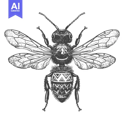 Aset desain premium: Black and White Hand Drawn Illustration of a Bee with Geometric Patter