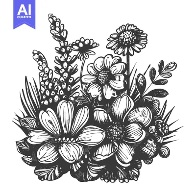 Aset premium populer: Black and White Hand Drawn Illustration of a Bouquet of Flowers