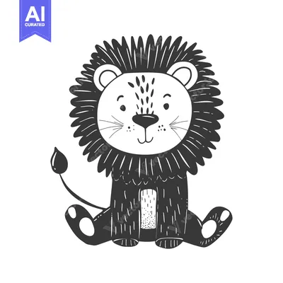 Aset premium populer: Black and white hand-drawn illustration of a cartoon lion sitting with