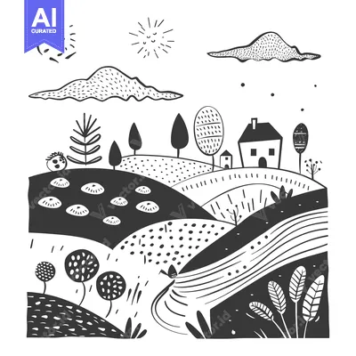 Aset premium populer: Black and White Hand-Drawn Illustration of a Countryside Landscape wit