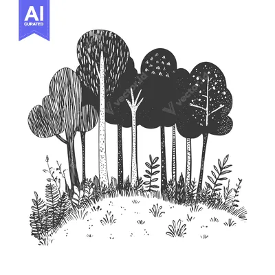 Aset desain premium: Black and White Hand-Drawn Illustration of a Forest