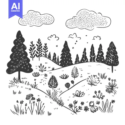 Aset premium populer: Black and White Hand-Drawn Illustration of a Forest Scene with Trees,