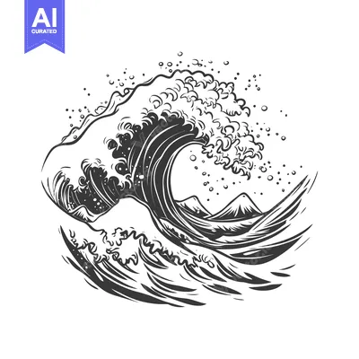 Aset desain premium: Black and White Hand-Drawn Illustration of a Giant Wave Crashing Over