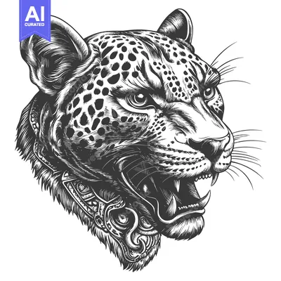 Aset premium populer: Black and White Hand Drawn Illustration of a Growling Leopard