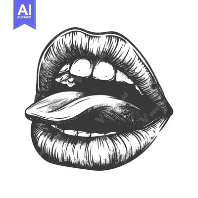 Aset desain premium: Black and White Hand-Drawn Illustration of a Mouth with Tongue Out