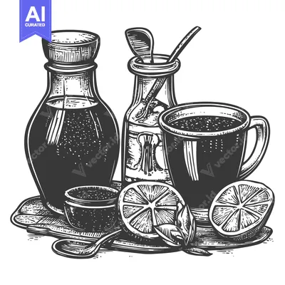 Popular premium asset: Black and White Hand-Drawn Illustration of a Mug of Tea with Lemon, Ho