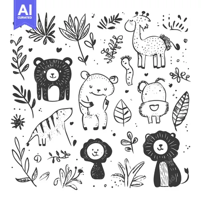 Aset premium populer: Black and White Hand-Drawn Illustration of Animals and Plants