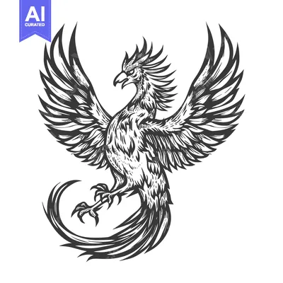 Aset desain premium: Black and White Hand Drawn Illustration of a Phoenix Bird with Spread
