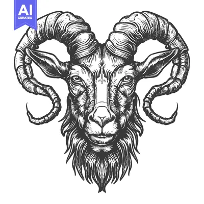 Aset desain premium: Black and White Hand-Drawn Illustration of a Ram's Head
