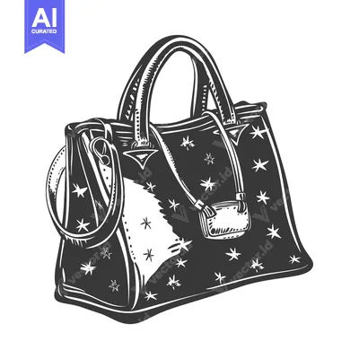 Black and White Hand-Drawn Illustration of a Starry Patterned Handbag