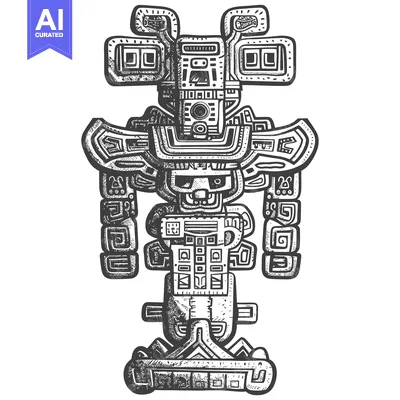 Aset desain premium: Black and White Hand-Drawn Illustration of a Stylized Ancient Deity