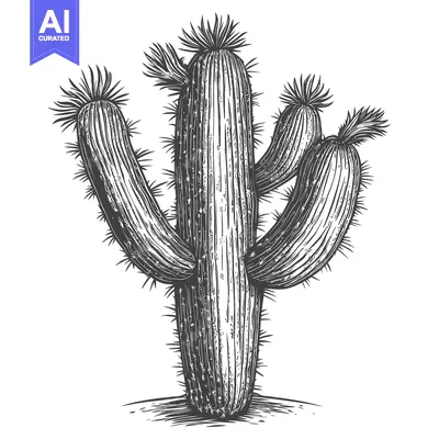 Premium design asset: Black and White Hand Drawn Illustration of a Tall, Spiky Cactus