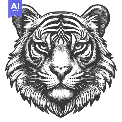 Premium design asset: Black and White Hand-Drawn Illustration of a Tiger's Head