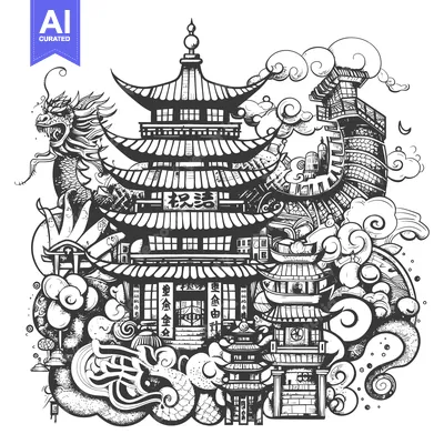 Black and White Hand-Drawn Illustration of a Traditional Chinese Pagod