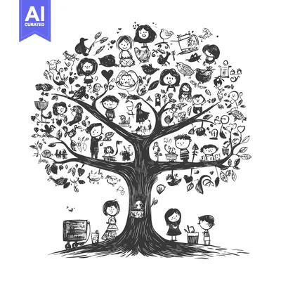 Aset desain premium: Black and White Hand-Drawn Illustration of a Tree Filled with Children
