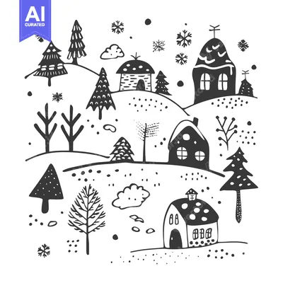 Popular premium asset: Black and White Hand-Drawn Illustration of a Winter Village