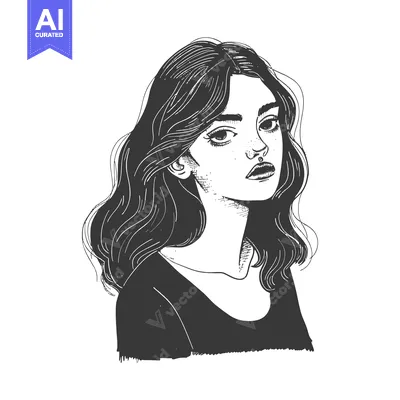 Aset desain premium: Black and White Hand-Drawn Illustration of a Woman with Long Wavy Hair