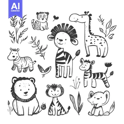 Popular premium asset: Black and White Hand-Drawn Illustration of Cute Baby Animals