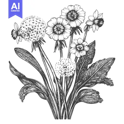 Aset premium populer: Black and White Hand-Drawn Illustration of Dandelions and Flowers