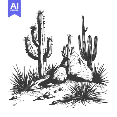 Black and white hand-drawn illustration of desert cacti and a rock
