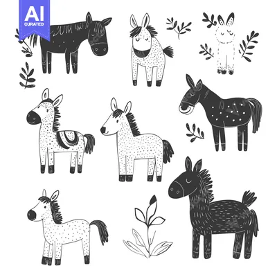 Black and White Hand-Drawn Illustration of Horses and Foals