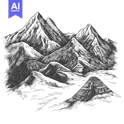 Aset premium populer: Black and White Hand-Drawn Illustration of Mountains with a Structure