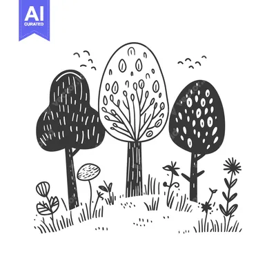 Premium design asset: Black and White Hand Drawn Illustration of Three Trees in a Grassy Cle