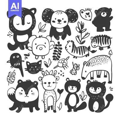 Aset premium populer: Black and White Hand-Drawn Illustration of Various Cute Animals