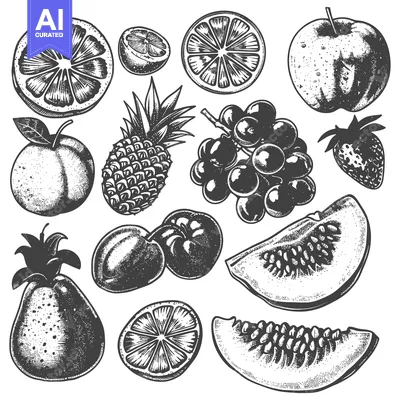 Aset premium populer: Black and White Hand Drawn Illustration of Various Fruits
