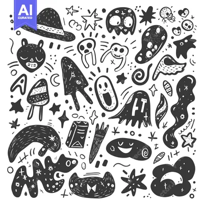 Aset premium populer: Black and White Hand-Drawn Illustration of Whimsical Creatures and Obj