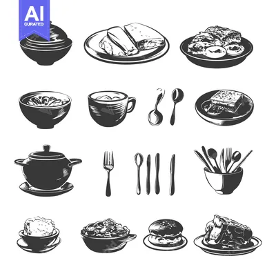 Black and White Hand-Drawn Illustrations of Food and Utensils