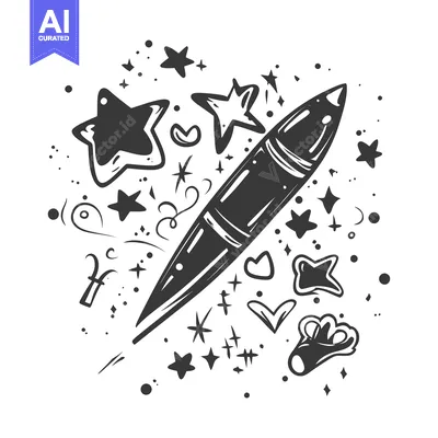 Popular premium asset: Black and White Hand-Drawn Rocket Illustration with Stars and Hearts