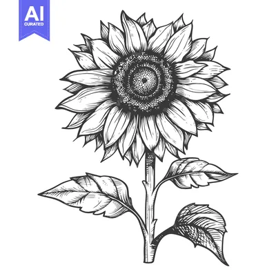Aset desain premium: Black and White Hand Drawn Sketch of a Sunflower