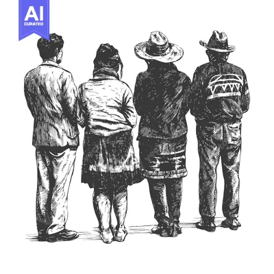 Aset premium populer: Black and White Hand-Drawn Sketch of Four People Facing Away From the