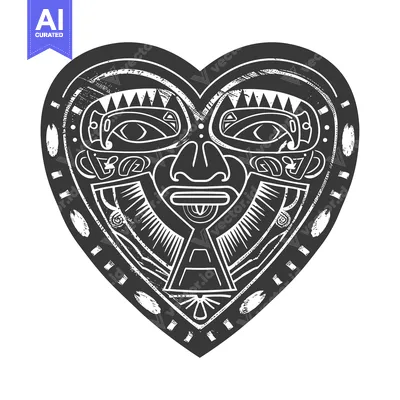 Aset desain premium: Black and White Heart-Shaped Tribal Mask Design
