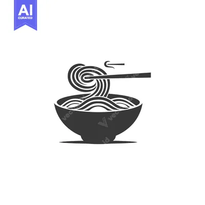 Aset desain premium: Black and White Icon of a Bowl of Noodles with Chopsticks