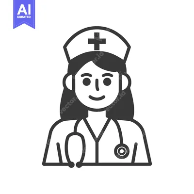 Premium design asset: Black and White Icon of a Female Nurse Wearing a Hat and Stethoscope