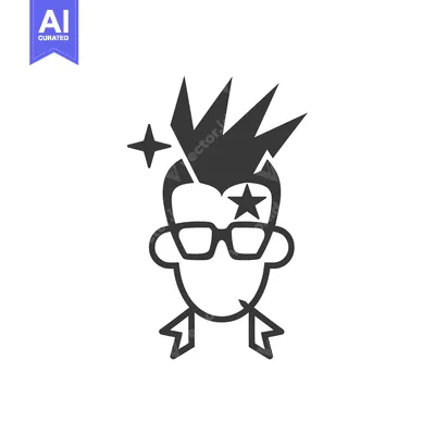 Aset premium populer: Black and White Icon of a Person with Spiky Hair, Glasses, and Stars