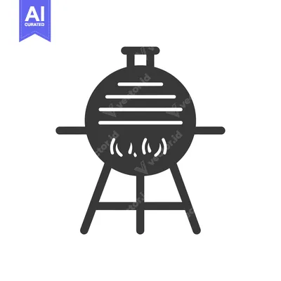 Black and White Icon of a Round Charcoal Grill with Flames
